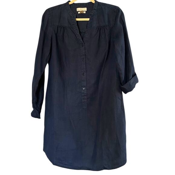 Kenar 100% Linen Shirt Dress Women's Size 6 Navy Button Front Roll-Tab Sleeves - Picture 2 of 8